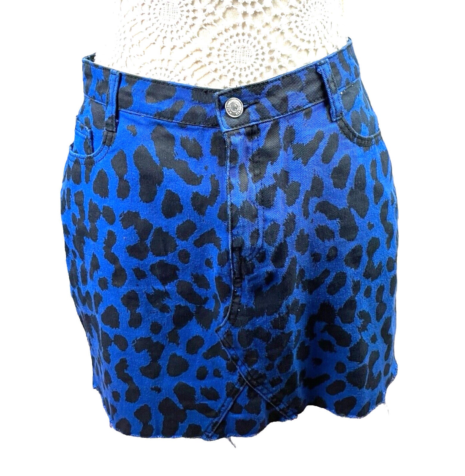 Denim Mini Skirt Women’s UK Size 12 Blue Leopard Print High Waist Pockets Y2K