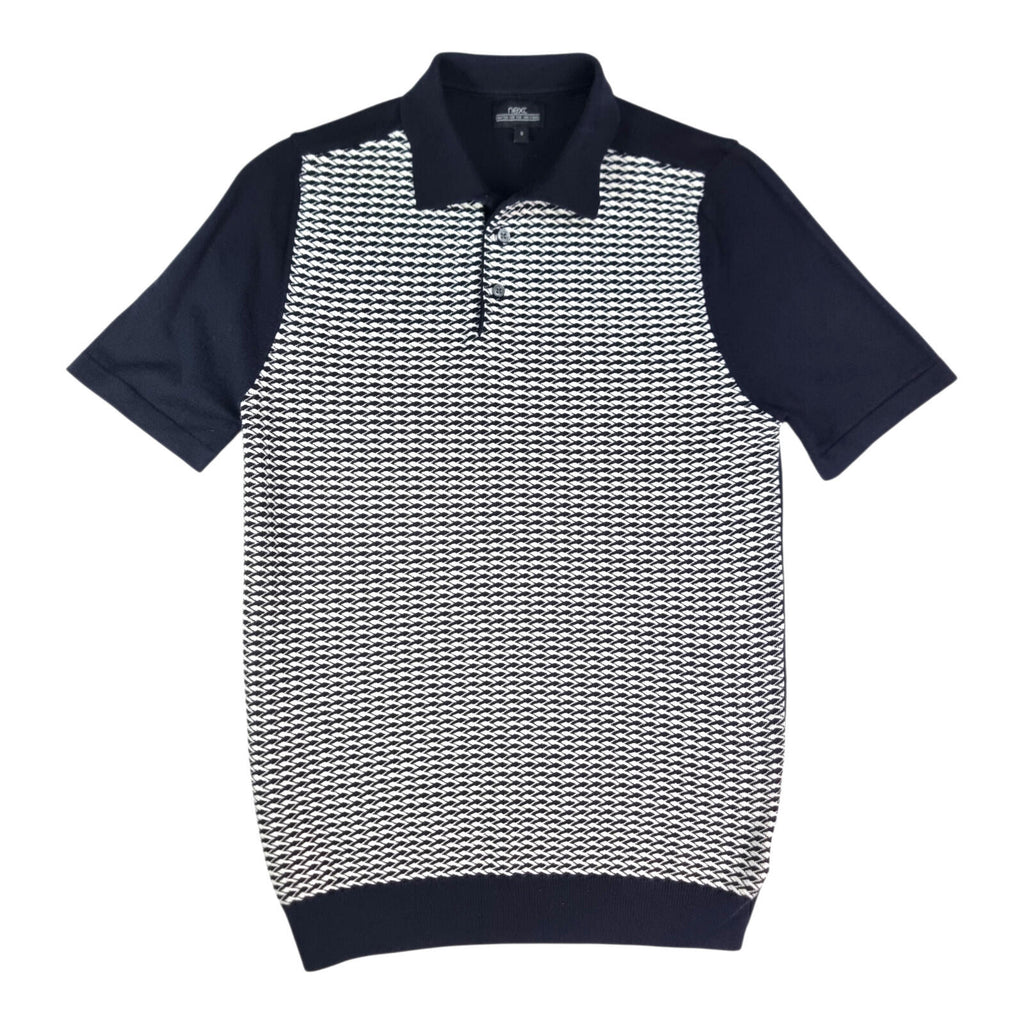 Next Knit Polo Shirt Men's UK Size M Blue Textured Short Sleeve 100% Cotton