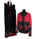 Floral Dress Set Women’s UK Size XL (16) Chiffon Midi Cardigan & Scarf Black Red