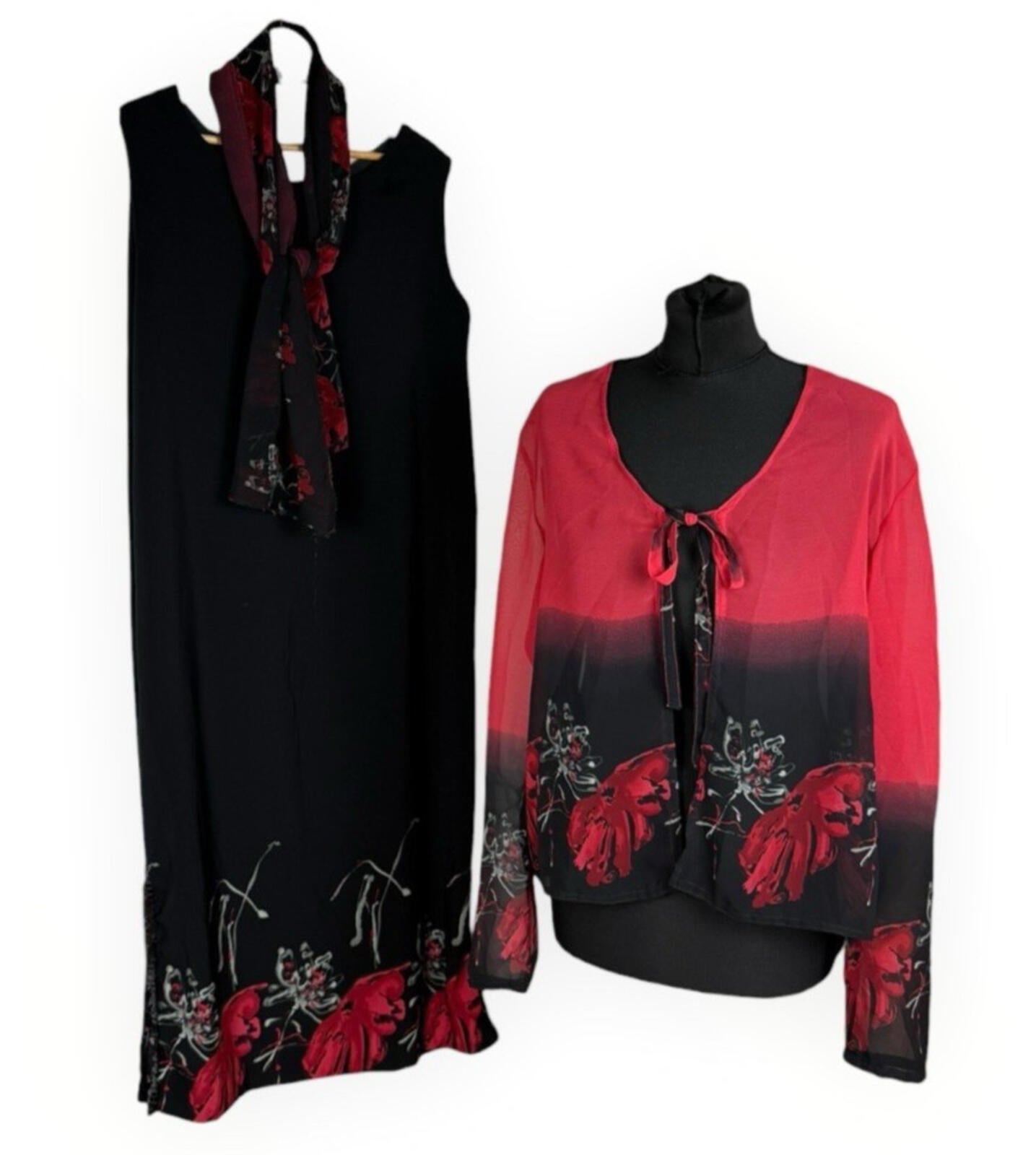 Floral Dress Set Women’s UK Size XL (16) Chiffon Midi Cardigan & Scarf Black Red