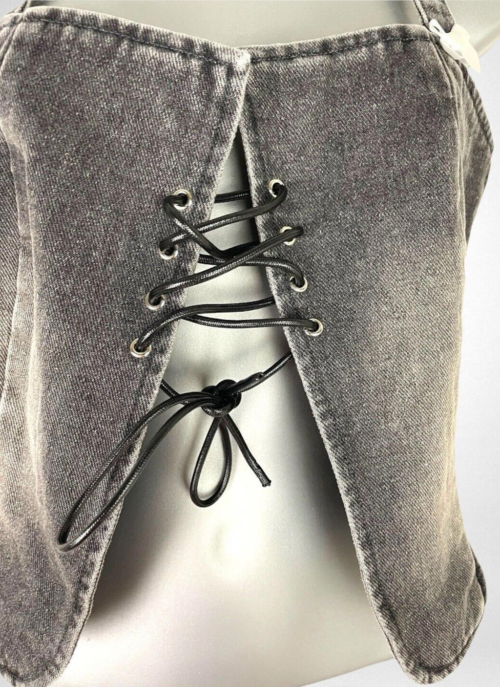 Dark Grey Denim Tank Top Lace Up Front Bow Detail Women’s UK Size S