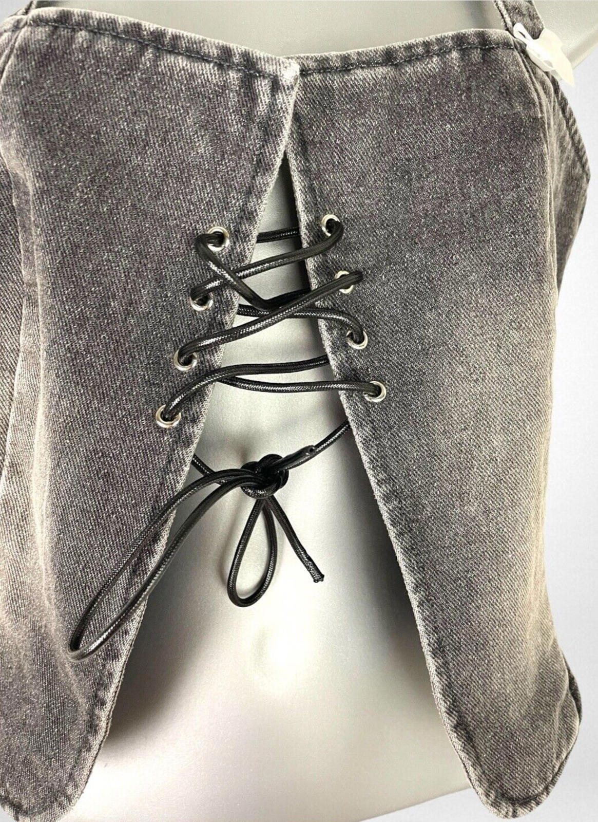 Dark Grey Denim Tank Top Lace Up Front Bow Detail Women’s UK Size S