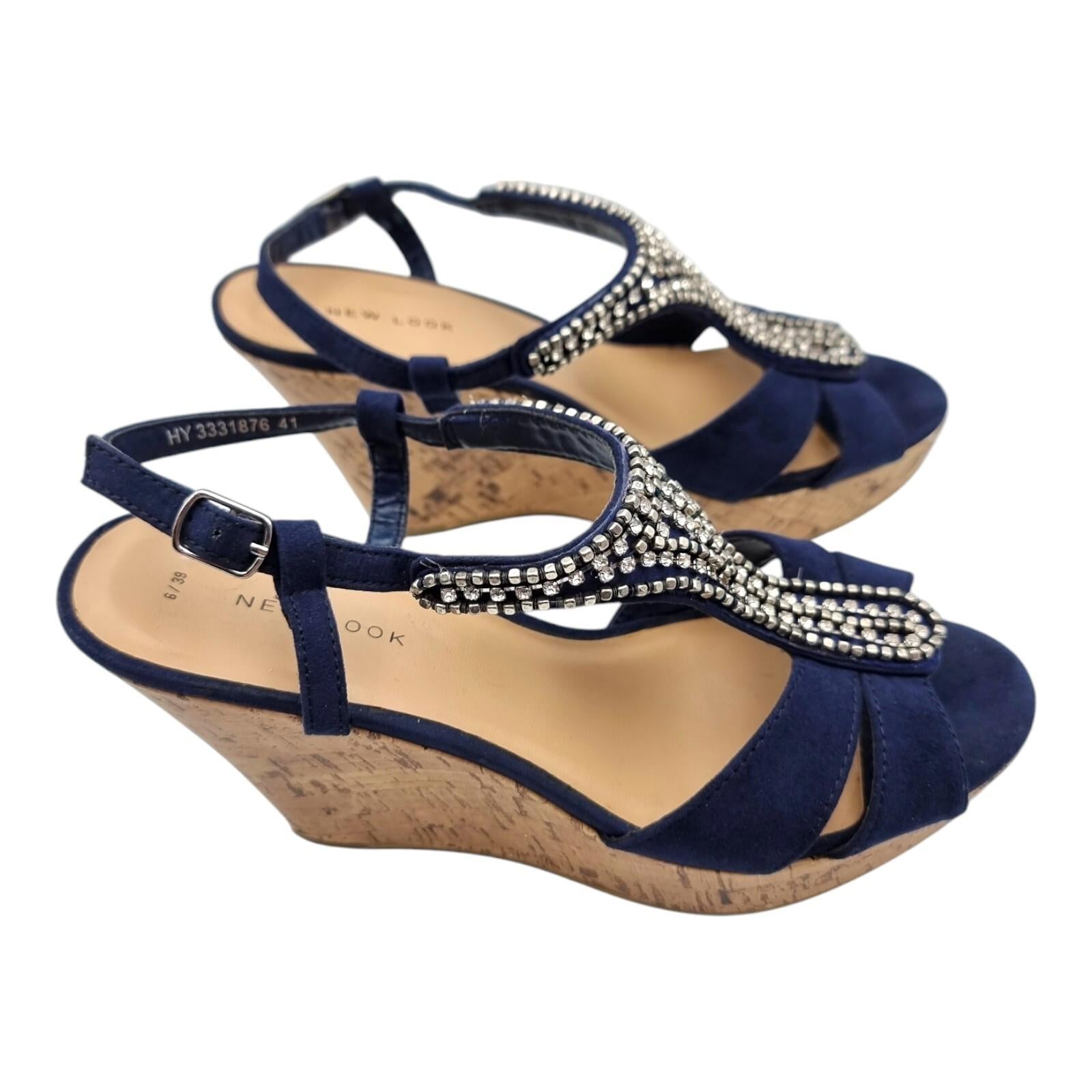 New Look Blue Suedette Wedge Sandals Embelished Straps Women's UK Size 6