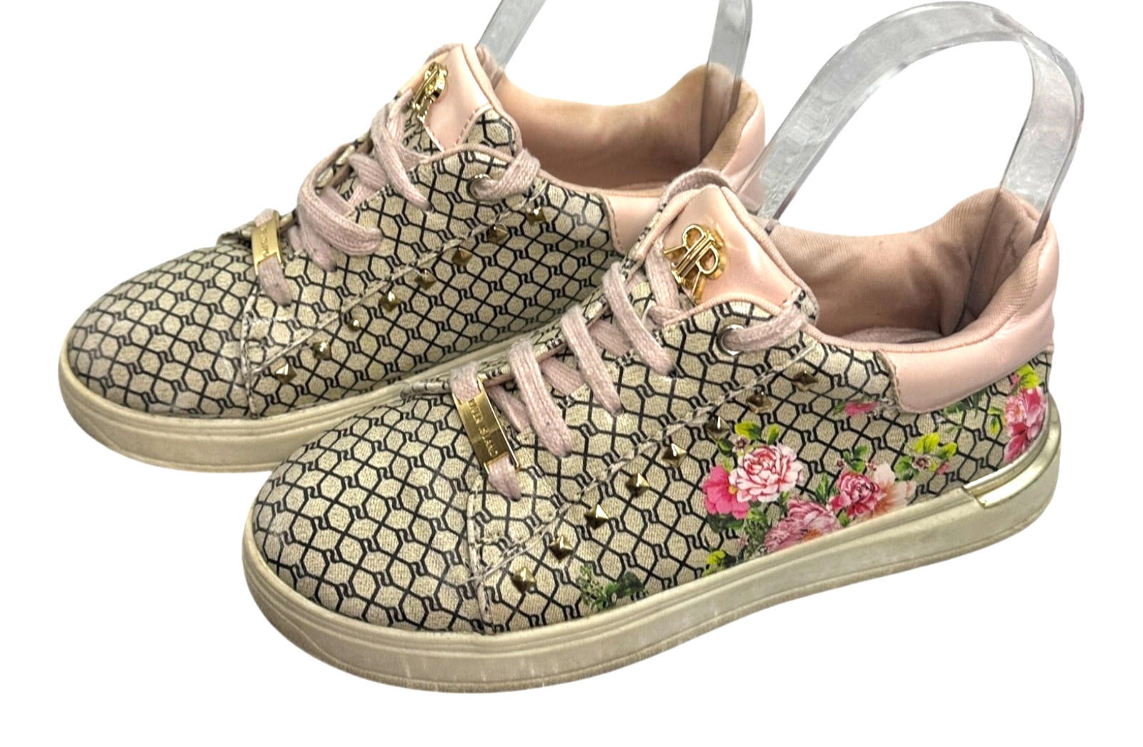River Island Pumps Women's UK Size 1 Beige Floral Print Chrome Accents Lace Up