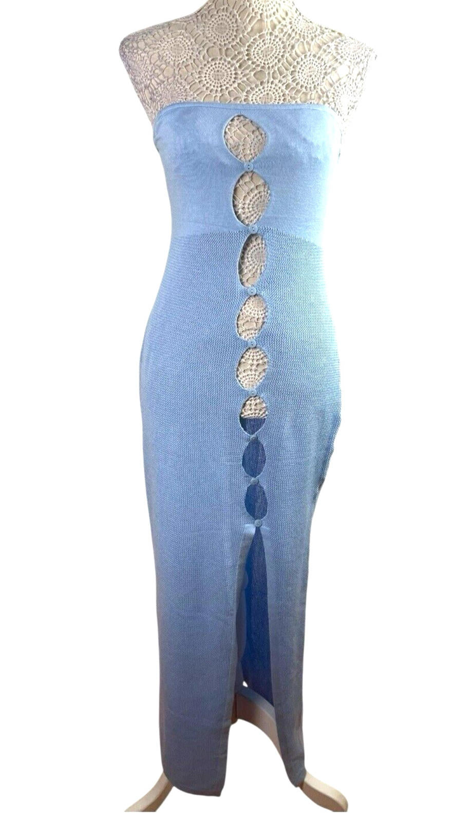 Light Blue Knit Beach Dress Maxi Cut Out Design Women’s UK Size 10-12