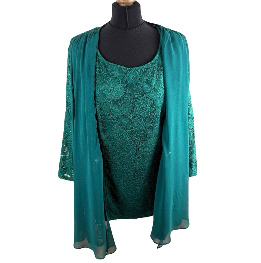 Hanna Nikole Green 2 Piece Blouse Jacket Set Lace Sequin Women’s UK Size 22