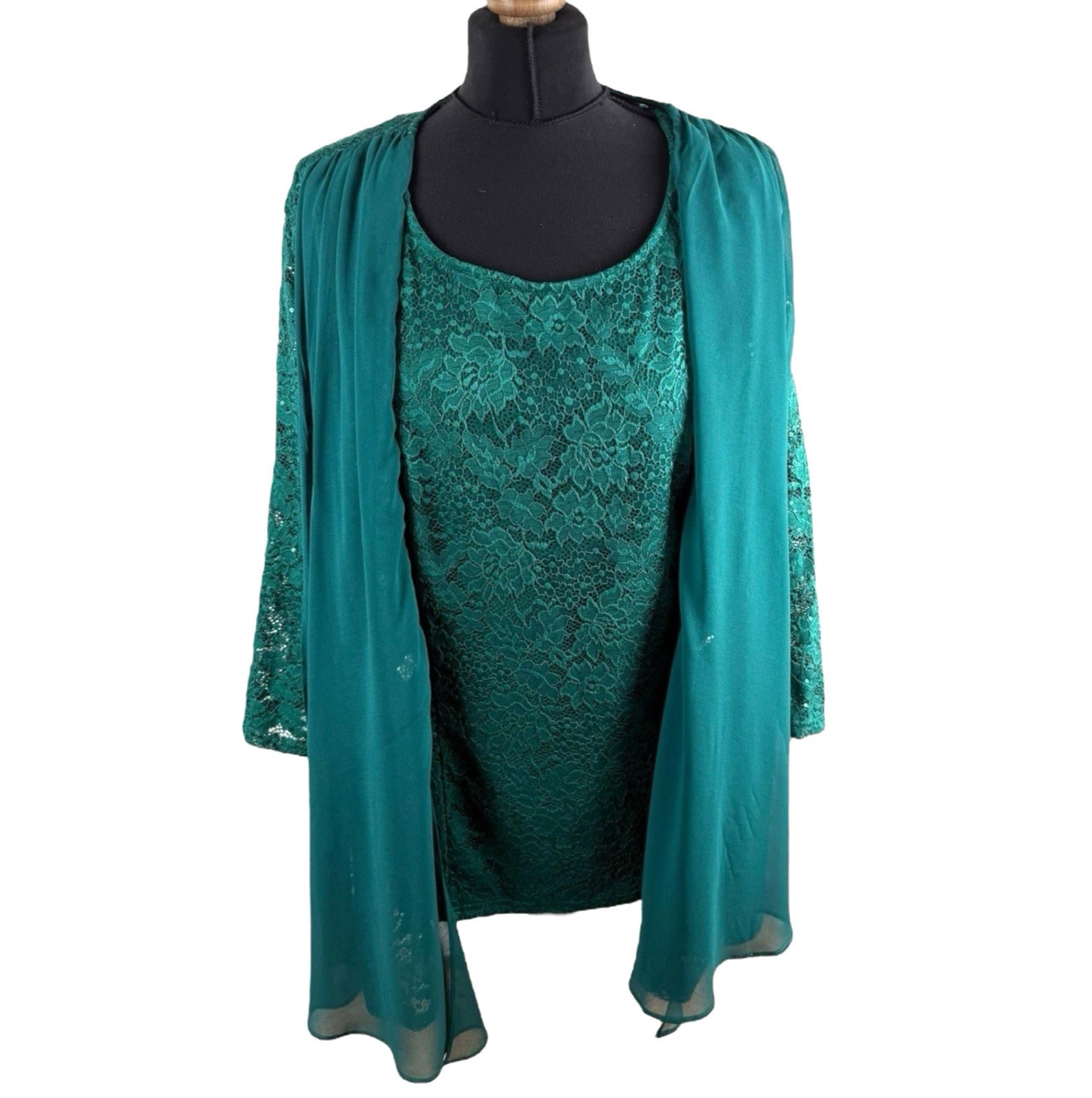 Hanna Nikole Green 2 Piece Blouse Jacket Set Lace Sequin Women’s UK Size 22