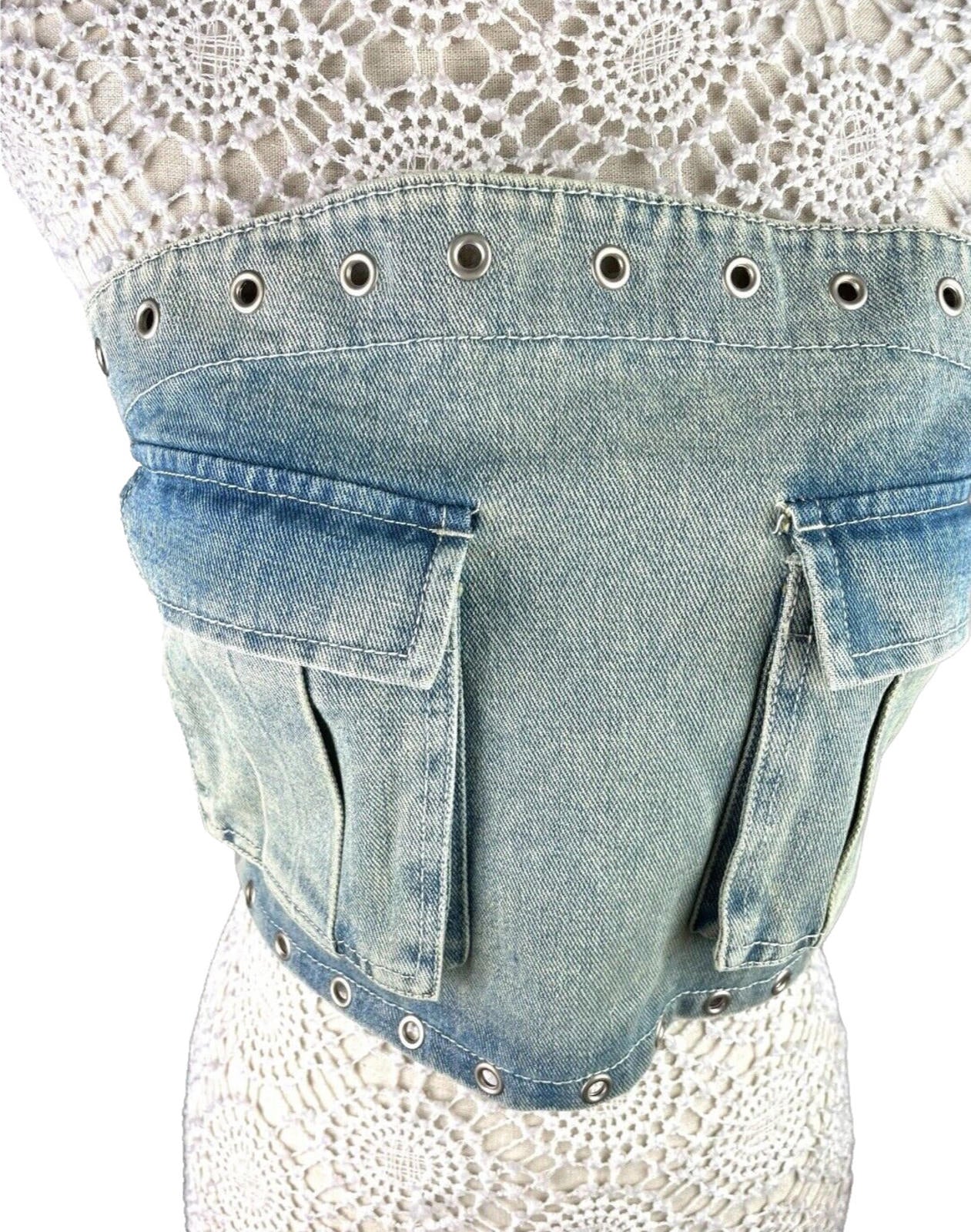 London Crew Light Wash Denim Crop Top Women’s UK Size 8 Blue Pockets Shirred