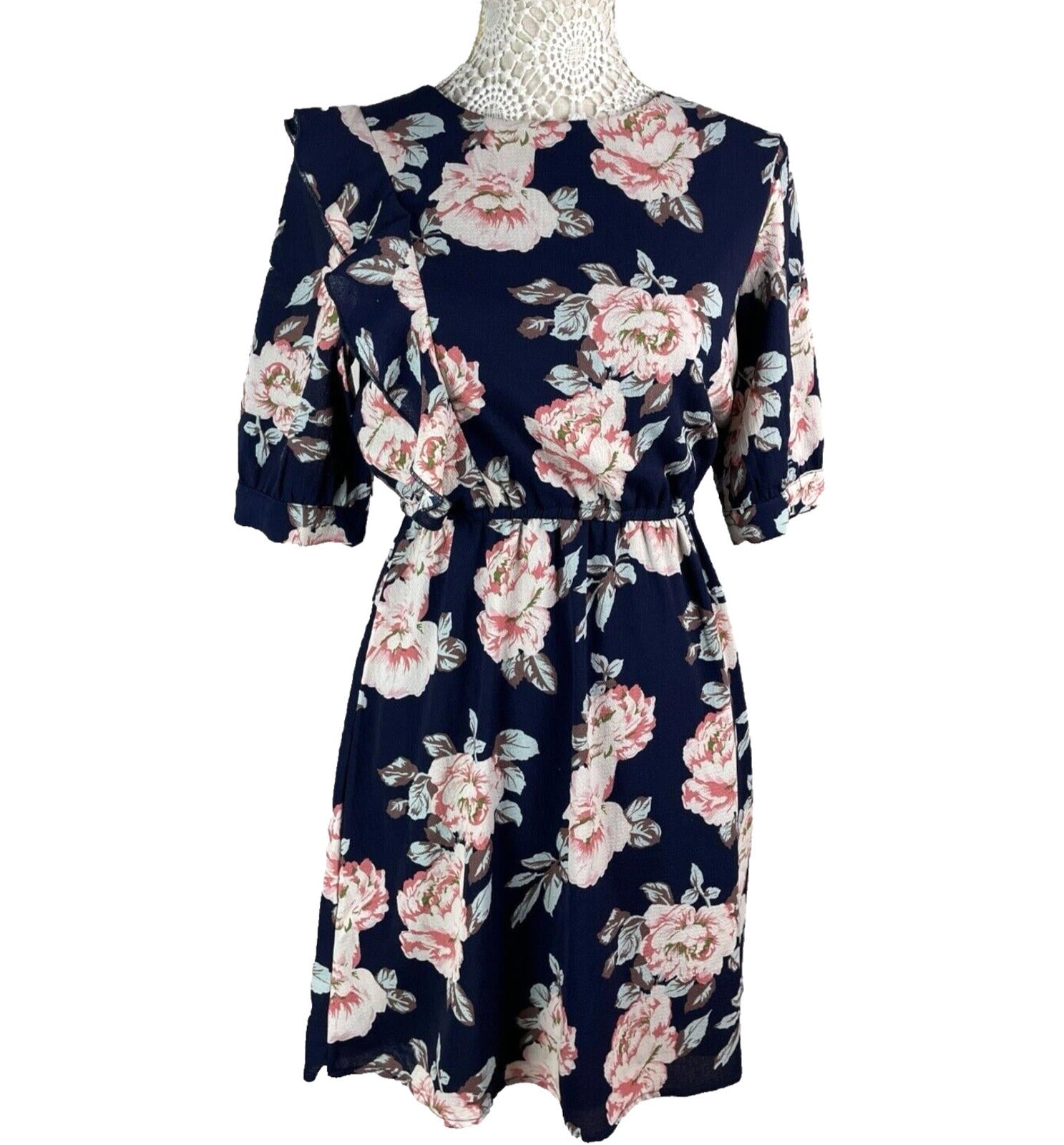 Urban Bliss Midi Dress Navy Floral High Neck Elastic Waist Women’s UK Size 10