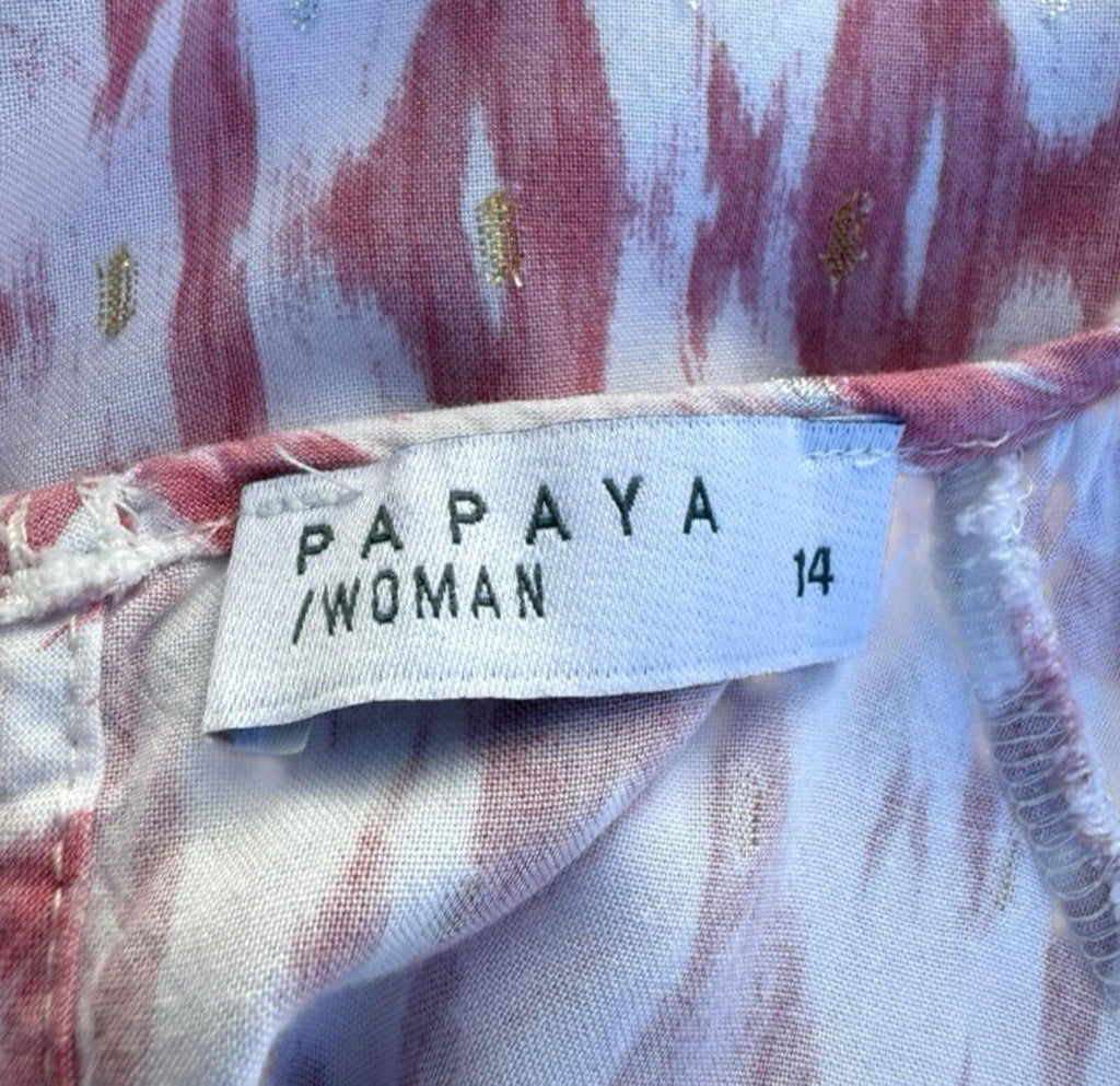 Papaya Pink White T-Shirt Blouse Gold Shimmer Geometric Print Women’s UK Size 14