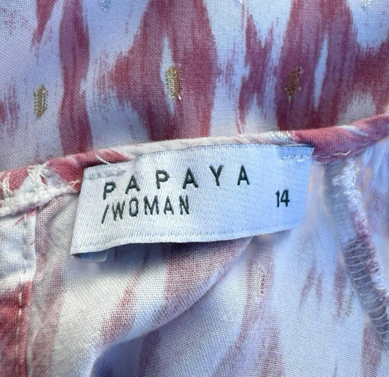 Papaya Pink White T-Shirt Blouse Gold Shimmer Geometric Print Women’s UK Size 14