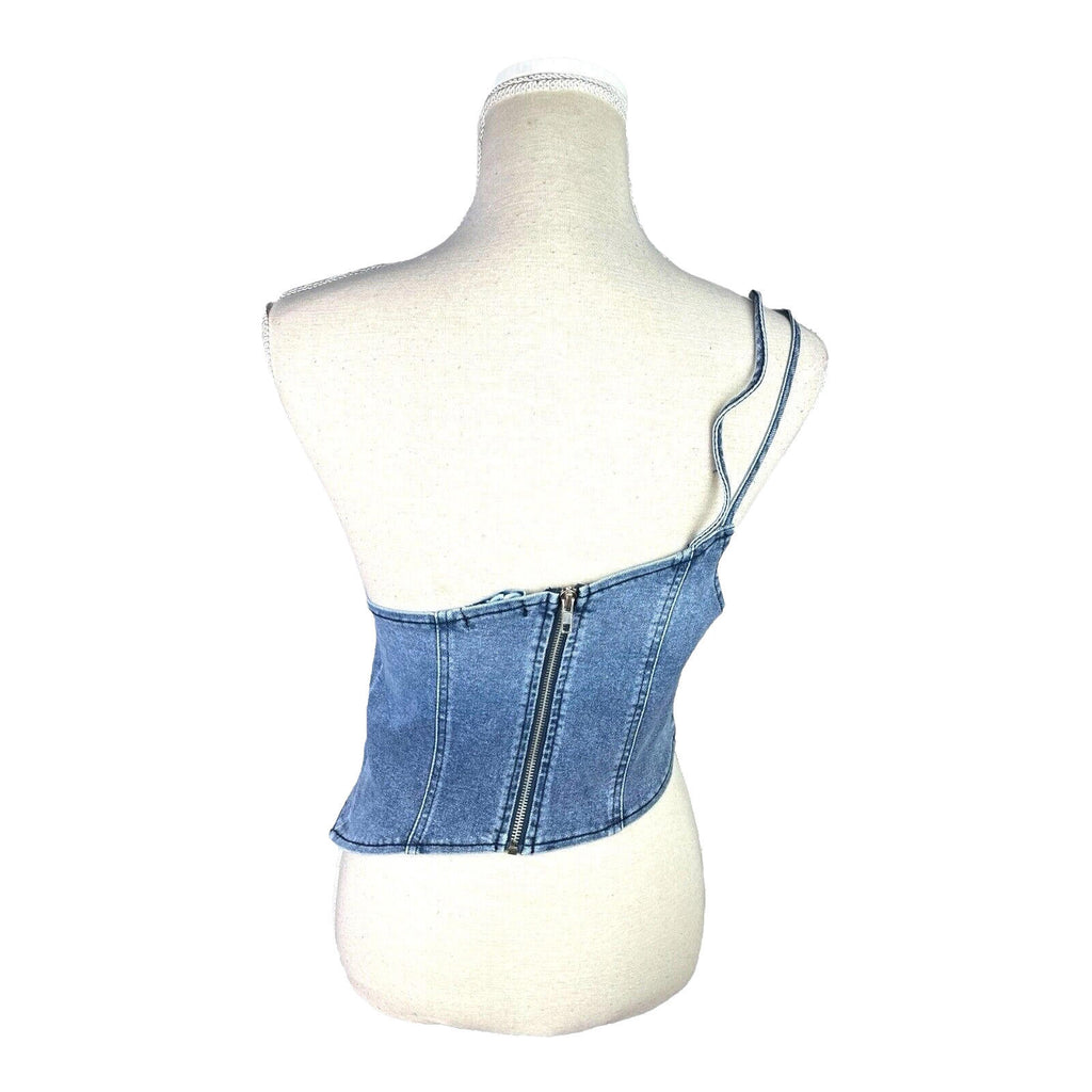 Denim One Shoulder Asymmetrical Crop Top Mock Pocket Women’s UK Size 8