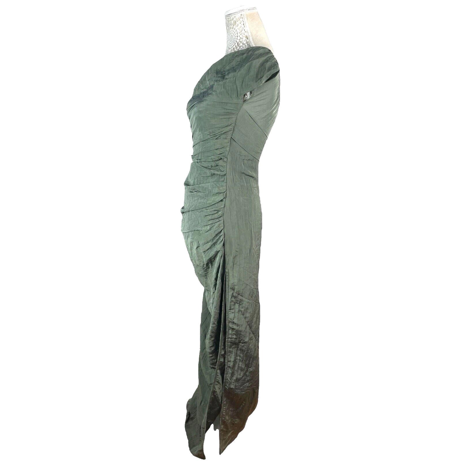 Evening Occasion Dress Women's UK Size 8 Green One Shoulder Crinkle Side Slit