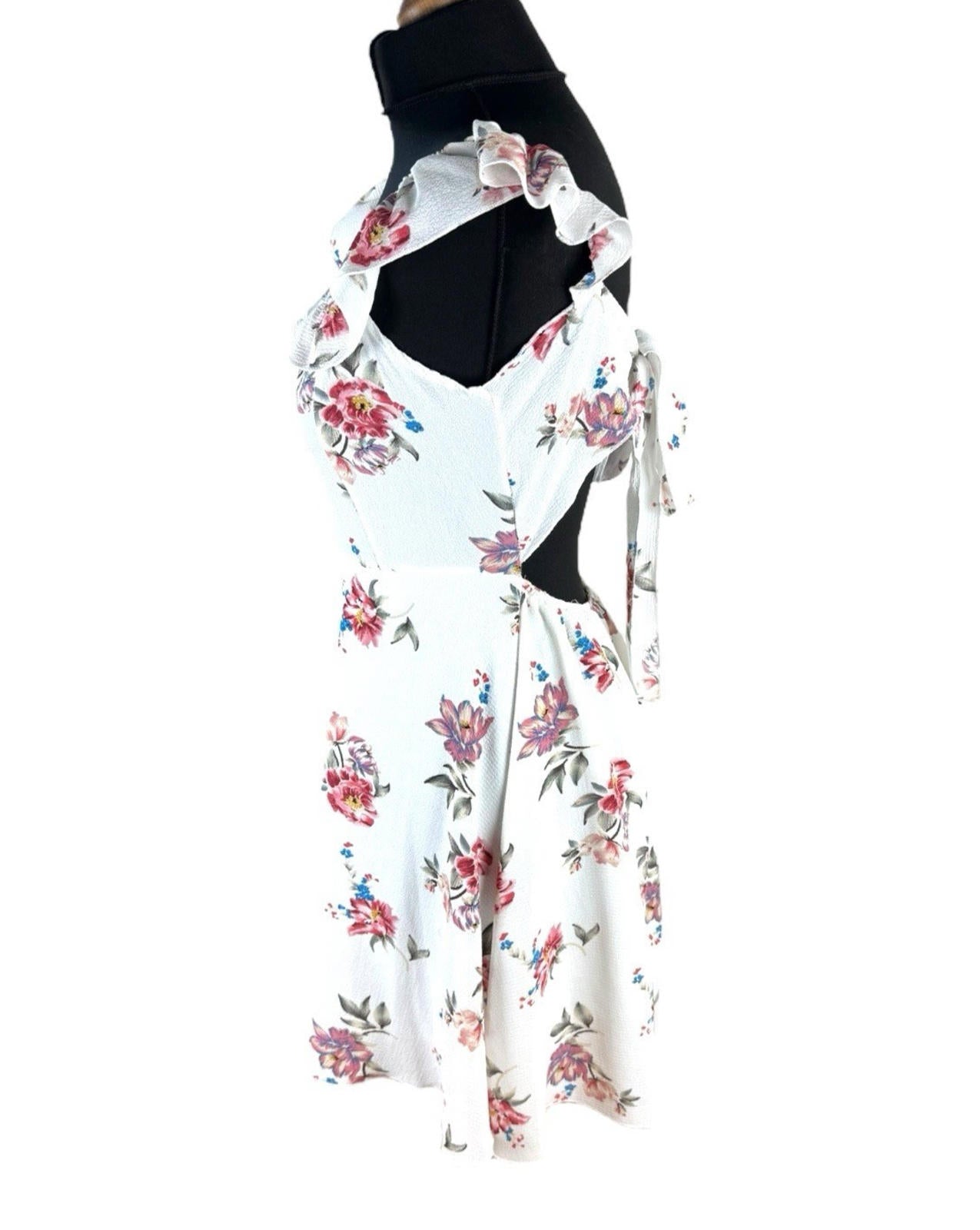 Floral Mini Dress Women’s UK Size L White Ruffle Square Neck Tie-Strap Open Back