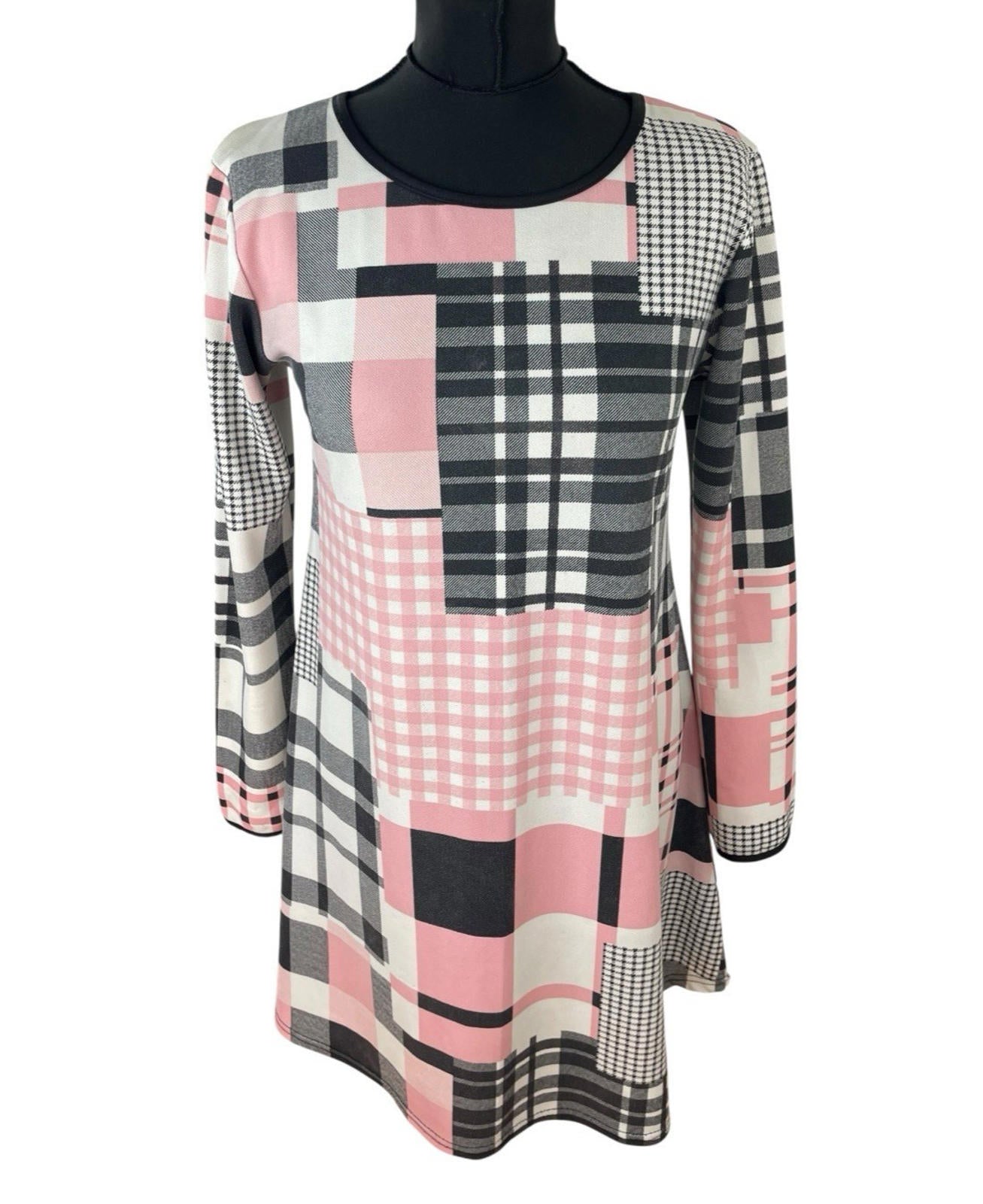 Silk Checkered T-shirt Dress 3/4 Sleeve Pink Black White Women’s UK Size 14