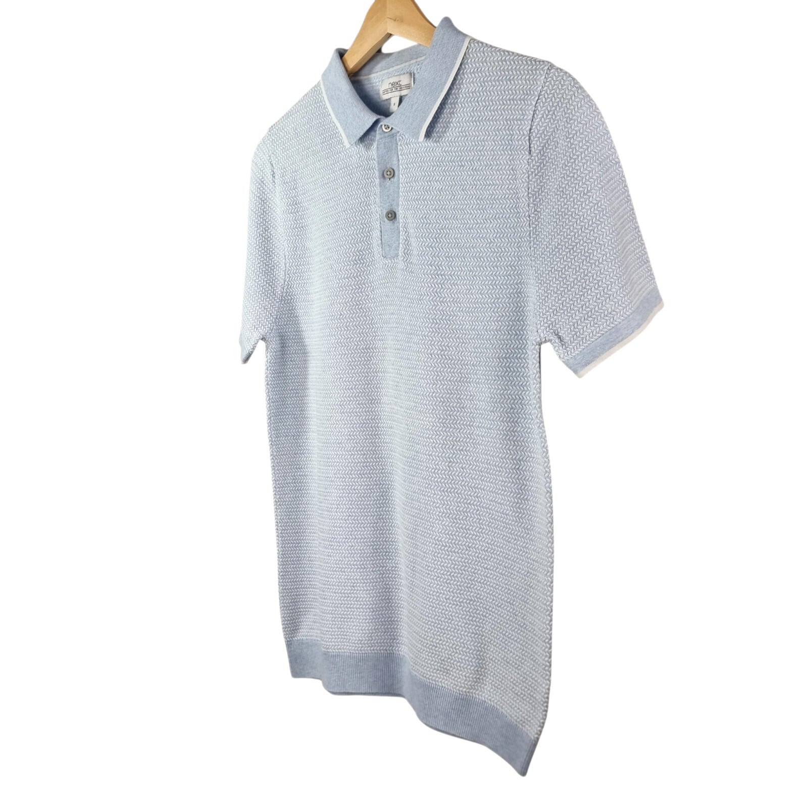 Next Knit Polo Shirt Men's UK Size S Textured Sky Blue Short Sleeve 100% Cotton