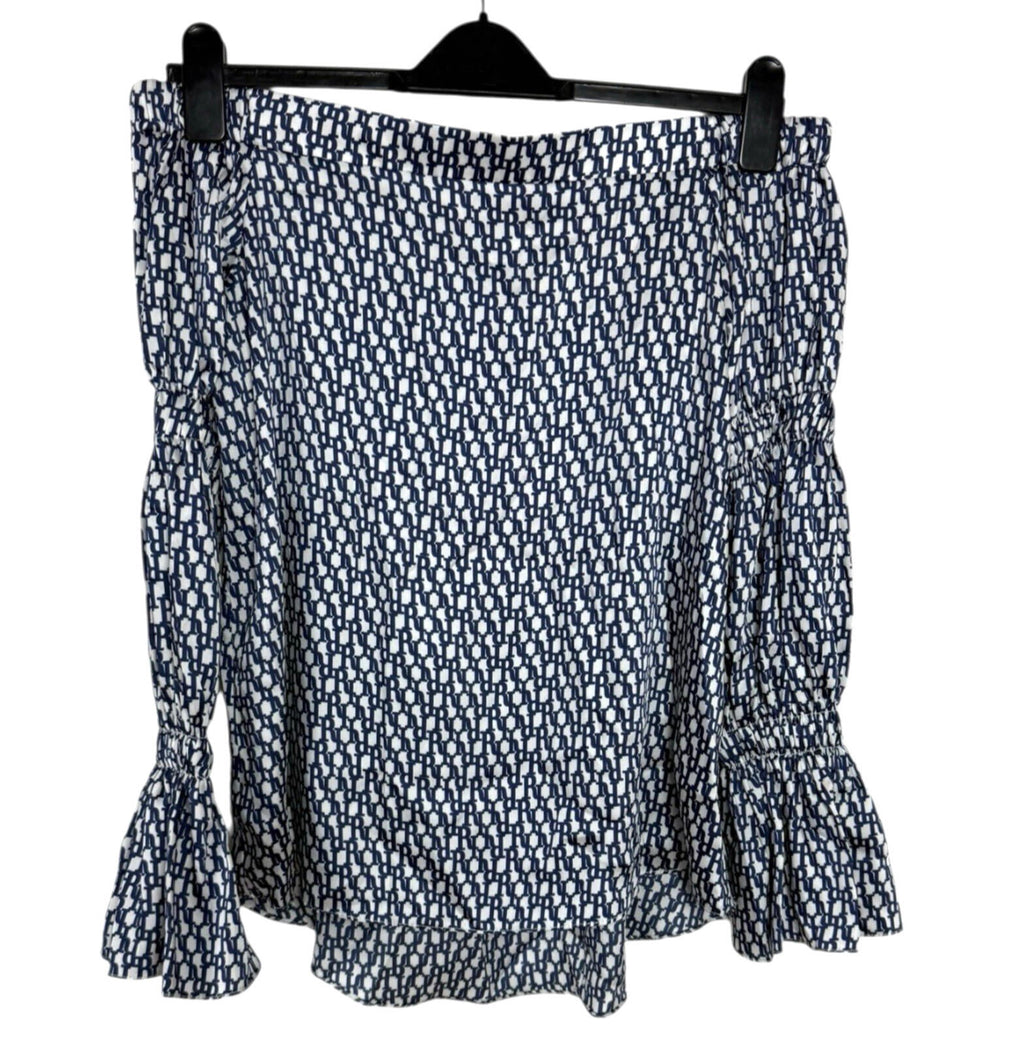 River Island Satin Off Shoulder Top Women’s UK Size 12 Logo Print White Navy