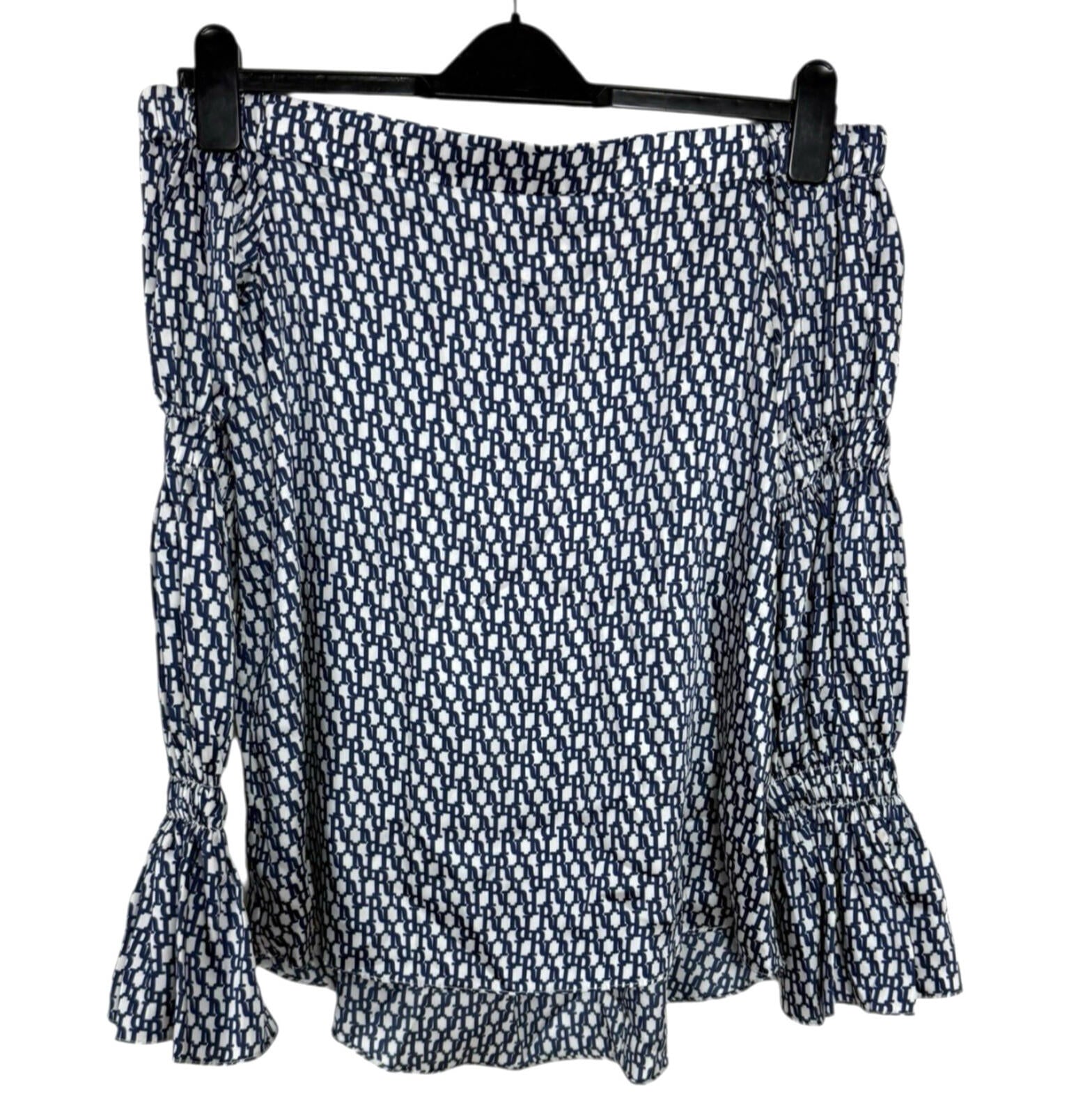 River Island Satin Off Shoulder Top Women’s UK Size 12 Logo Print White Navy