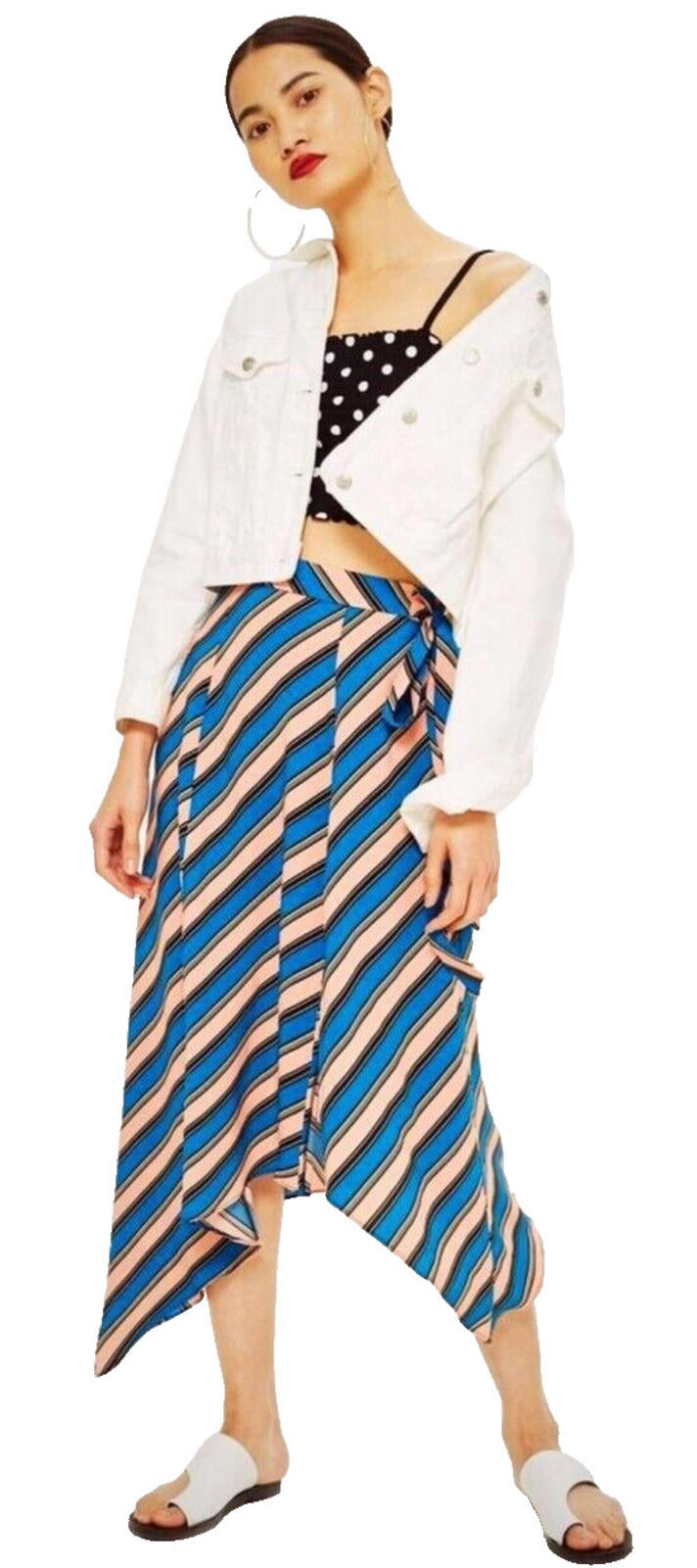 Top Shop Midi Skirt Women's UK Size 10 Blue & Pink Striped Zip Fastening Summer