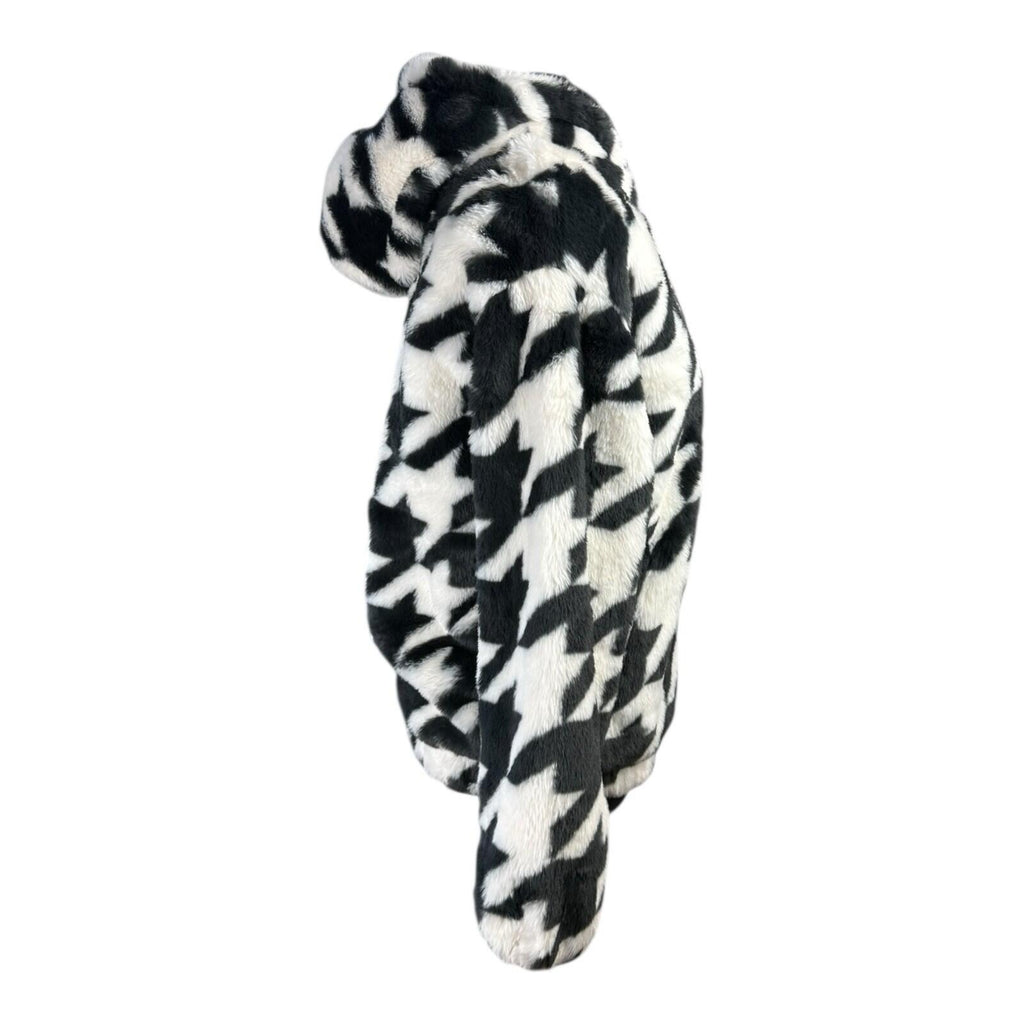 Divided Faux Fur Bomber Jacket Women’s UK Size XS Hooded Pockets Houndstooth