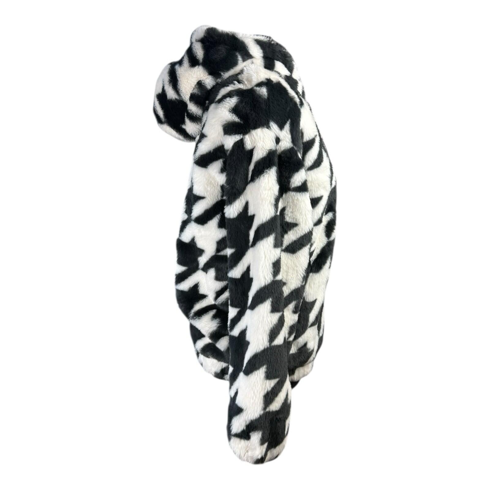 Divided Faux Fur Bomber Jacket Women’s UK Size XS Hooded Pockets Houndstooth