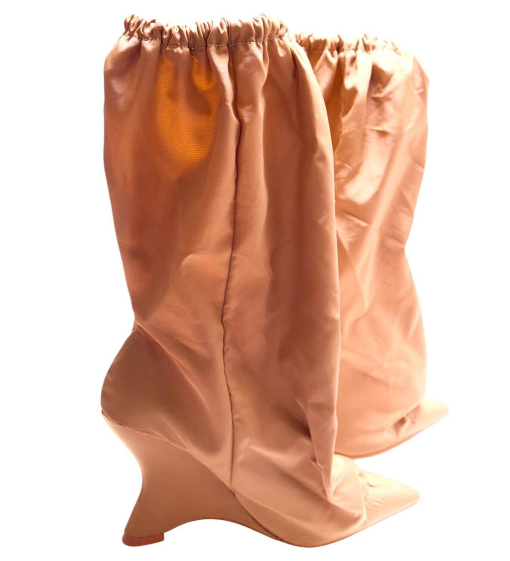Pretty Little Thing Tan Sock Boots Ruffle Wedged Women’s UK Size 6