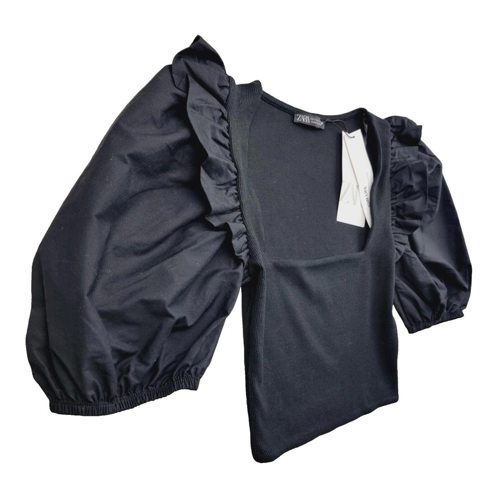 Zara Crop Top Balloon Sleeve Black Ribbed Ruffle Women's UK Size Small S