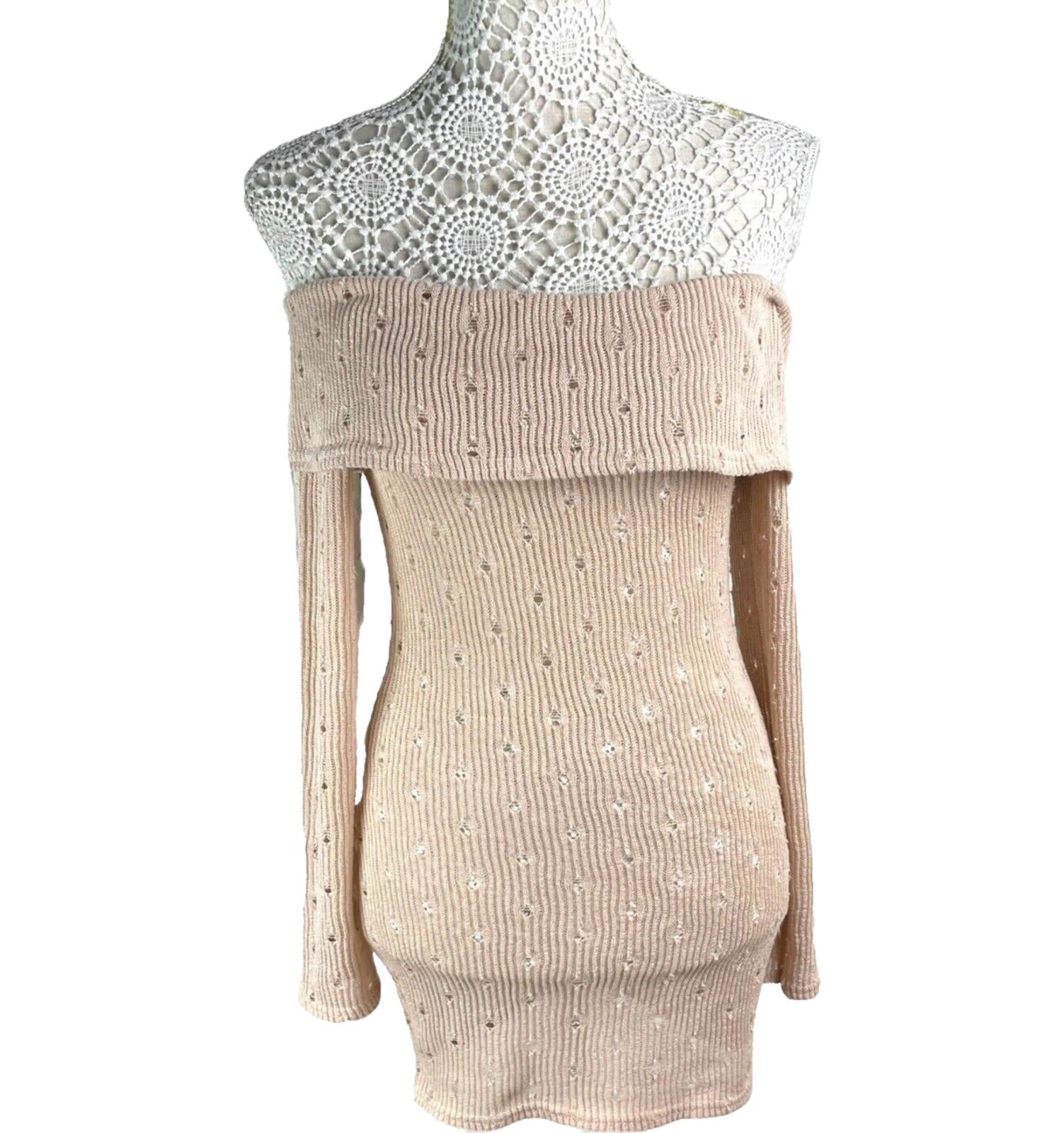 Mini Dress Pale Pink Knit Off Shoulder Bodycon Women’s UK Size 8