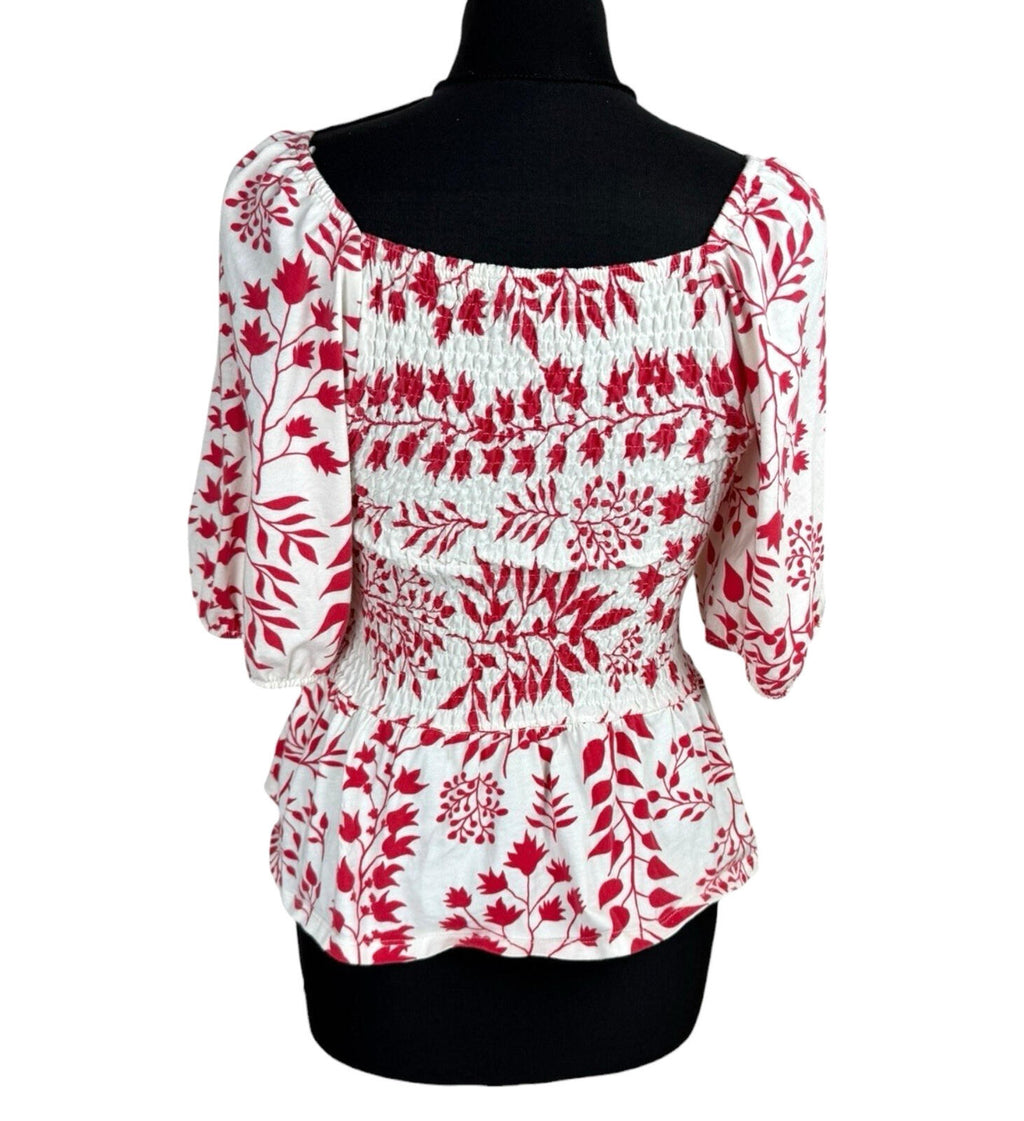 Peacocks Peplum Frill Top Women’s UK Size 10 Square Neck Bell Sleeve White Red