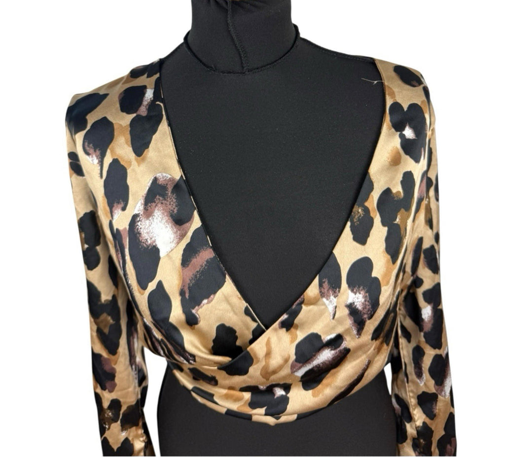 Boohoo Satin Croptop Leopard Print Backless V Neck Women’s UK Size 12