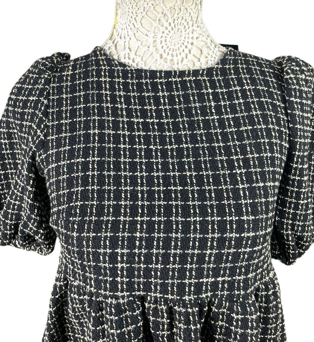 New Look Smock Dress Women's UK Size 6 Black Check Midi Short Puff Sleeve PETITE