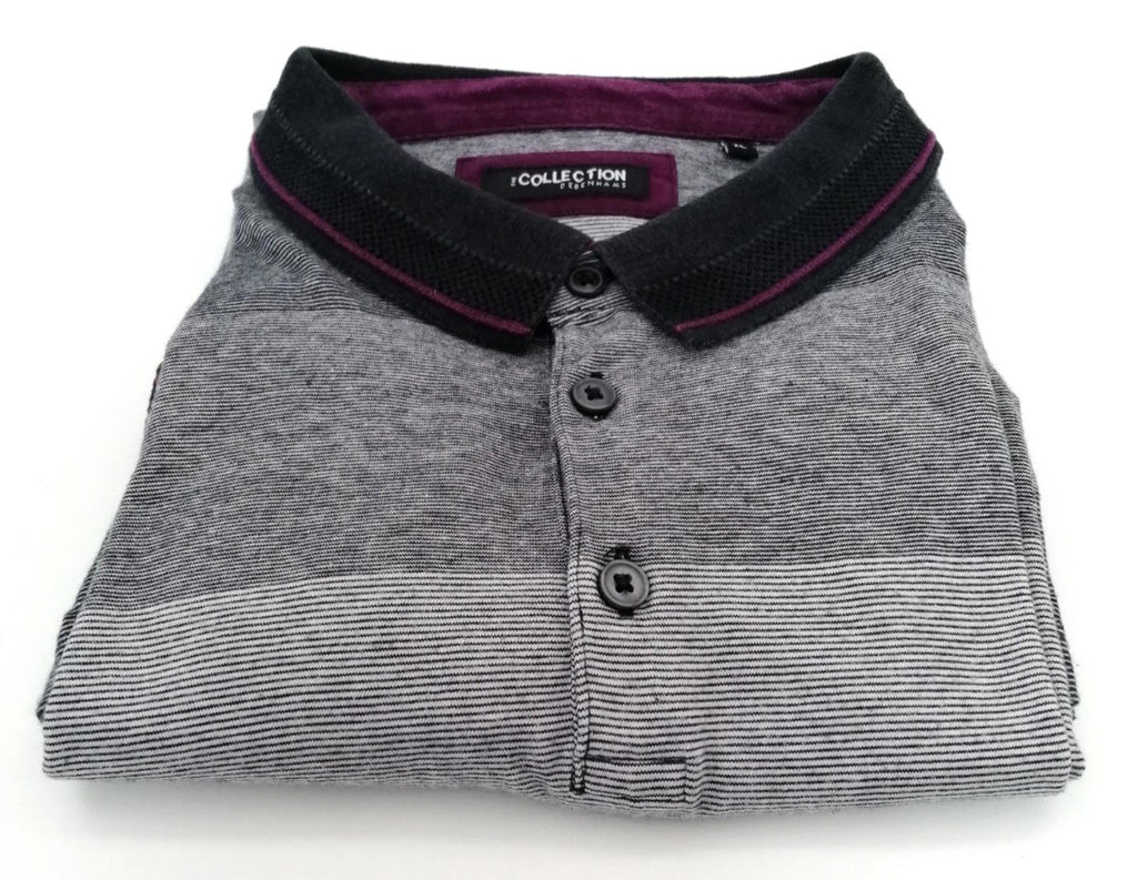 Debenhams Men's UK Size XL Grey Polo Shirt Striped Plum Black Collar Side Gusset