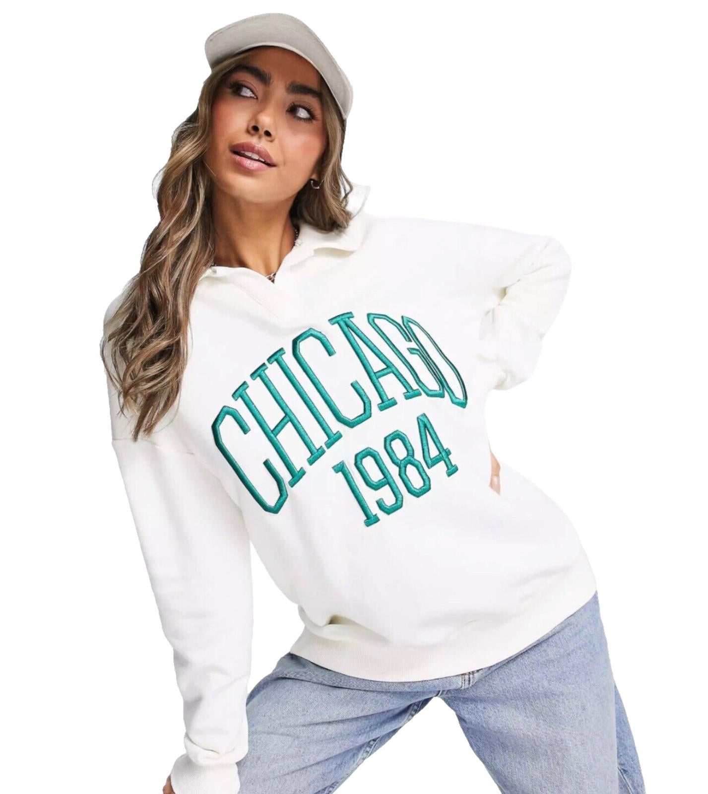 Stradivarius Over Sized Jersey Jumper Collared White Chicago Women's UK Size XS