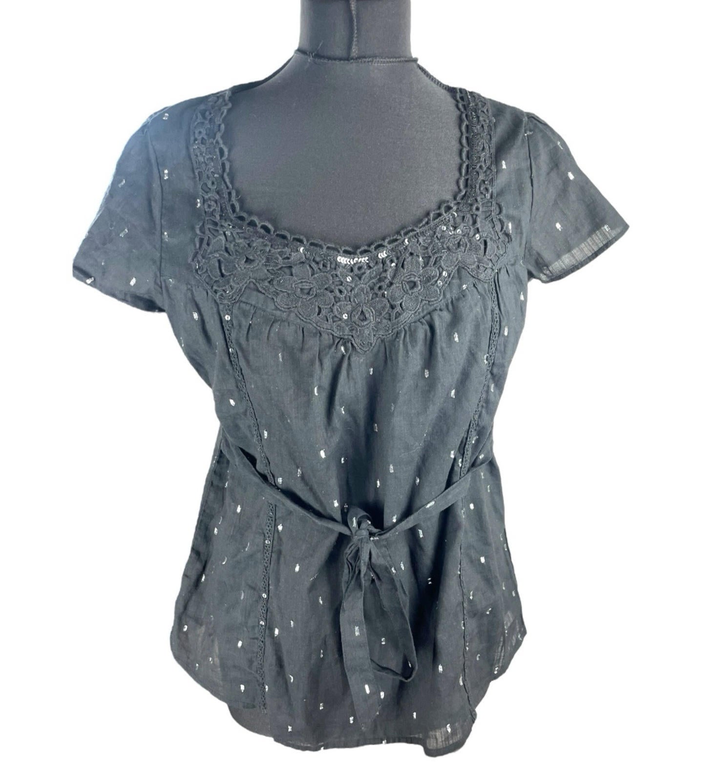 Oasis Blouse Women's UK Size 10 Black Glitter Lace Neckline Belted