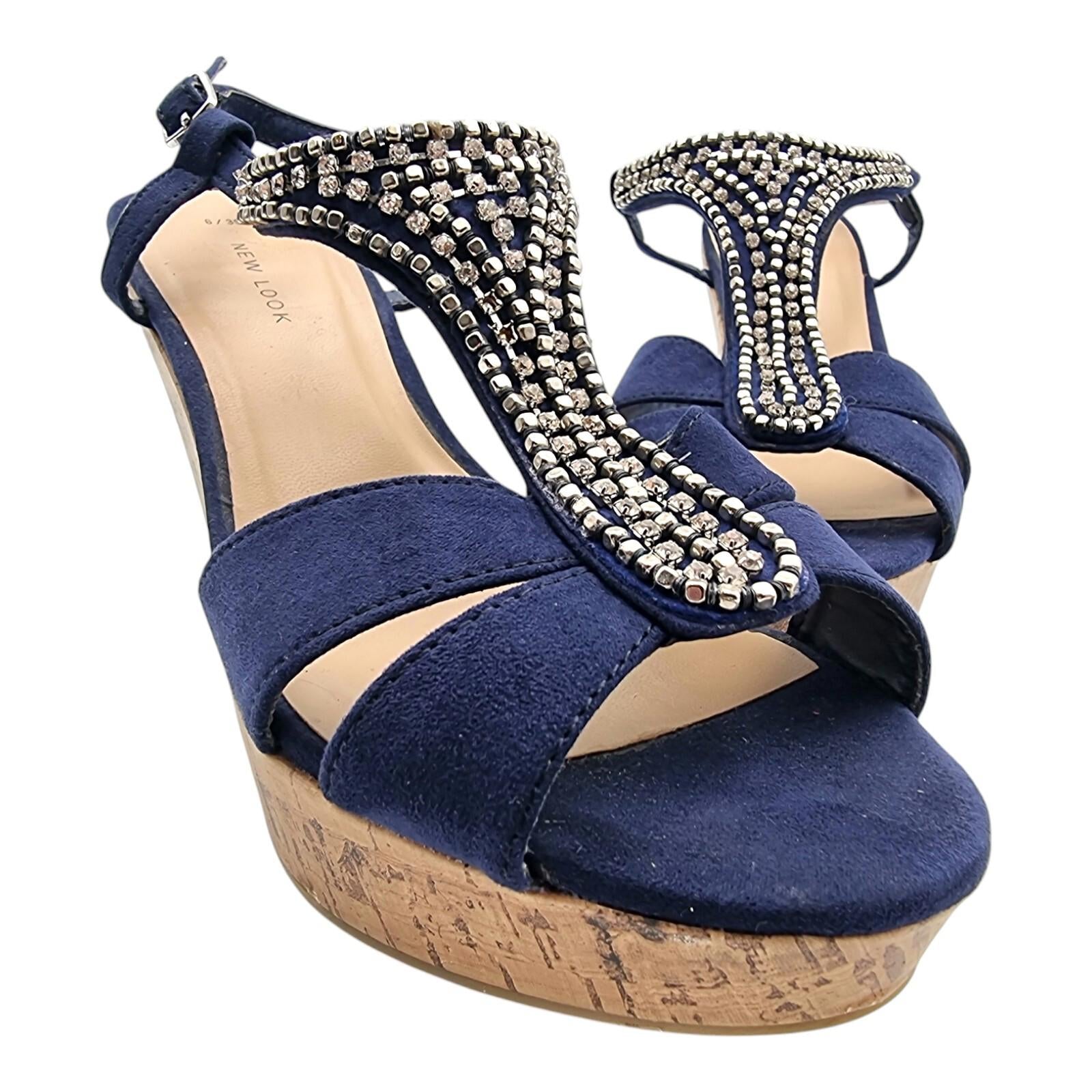 New Look Blue Suedette Wedge Sandals Embelished Straps Women's UK Size 6