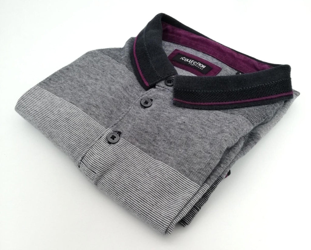 Debenhams Men's UK Size XL Grey Polo Shirt Striped Plum Black Collar Side Gusset