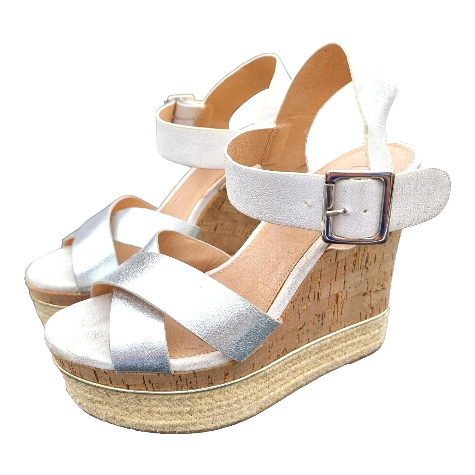 VERY Wedge Sandals Shoes Silver Metallic Espadrille Trim Women's UK Size 6