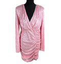 Pink Sequin Party Dress Deep V Ruffle Side Slimming Midi Women’s UK Size XL