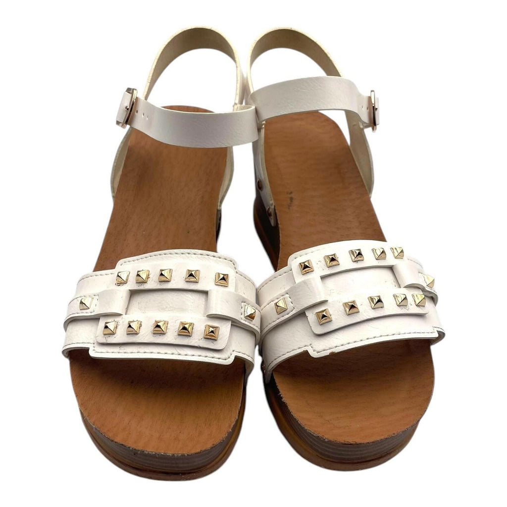 Wedge Sandals Women’s UK Size 5 White Faux Leather Studded Buckled Straps