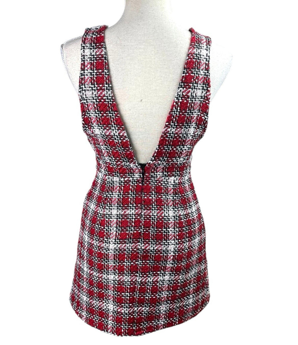 New Look Red Tartan Pinafore Mini Dress Women’s UK Size 8 Petite Boucle Tweed