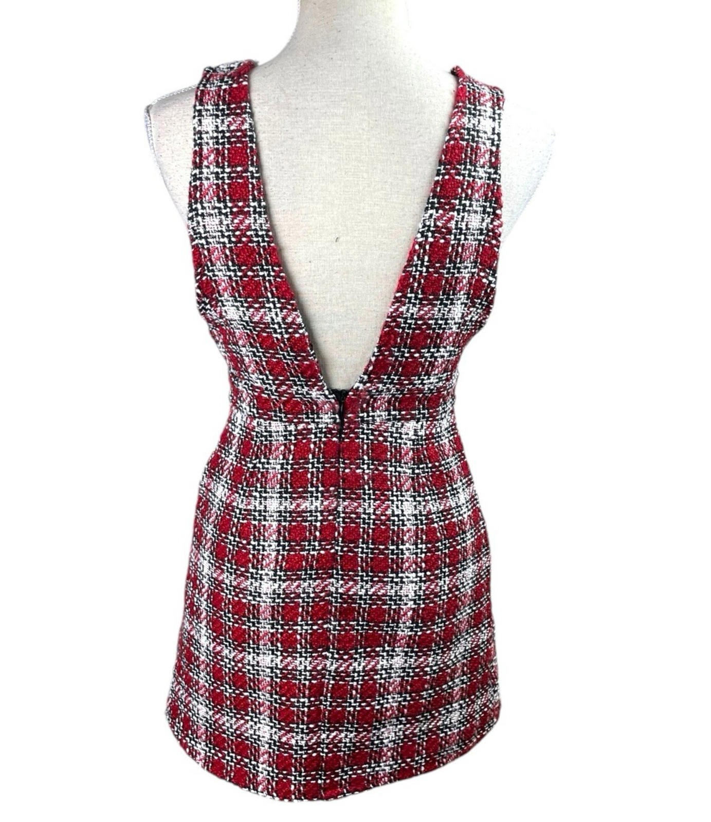 New Look Red Tartan Pinafore Mini Dress Women’s UK Size 8 Petite Boucle Tweed