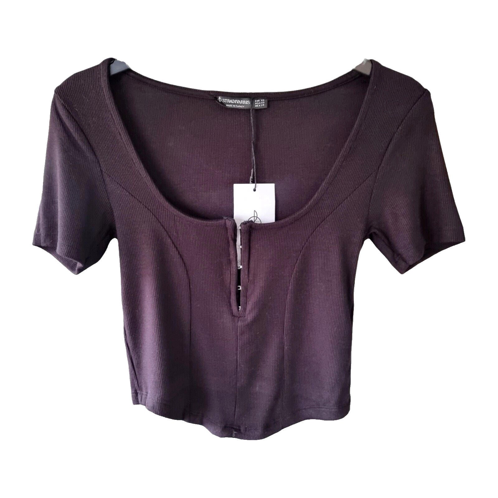 Stradivarius Crop Top Ribbed Black Clasp Fasten Women's UK Size XS