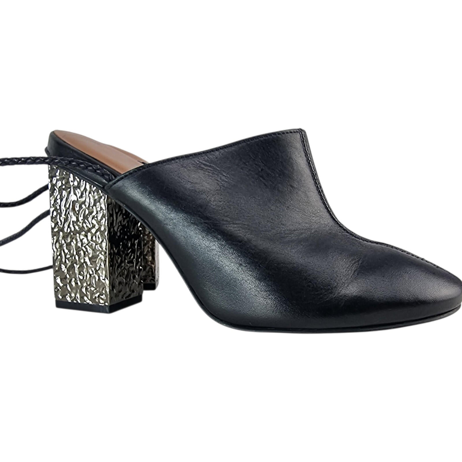 Next Signature Black Block Heels Women's UK Size 4 Ankle Straps Hammered Silver