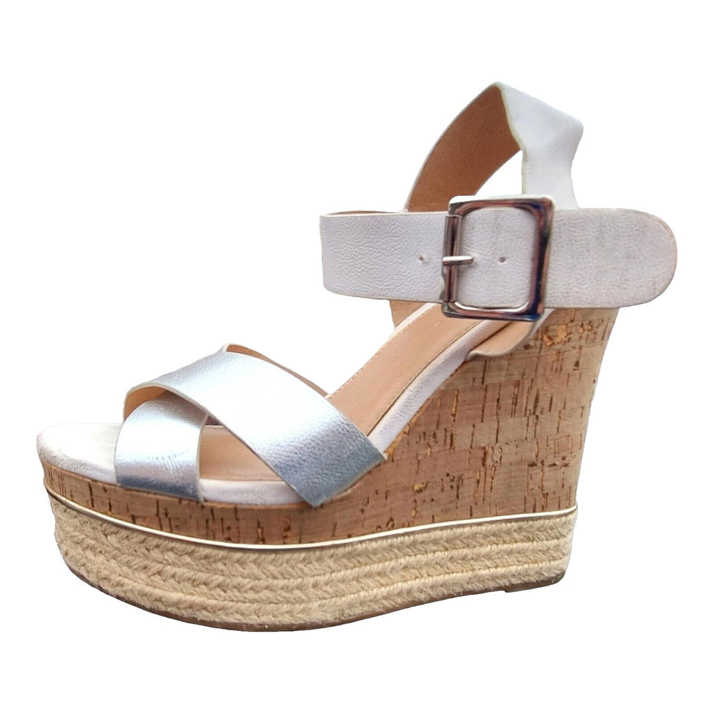 VERY Wedge Sandals Shoes Silver Metallic Espadrille Trim Women's UK Size 6
