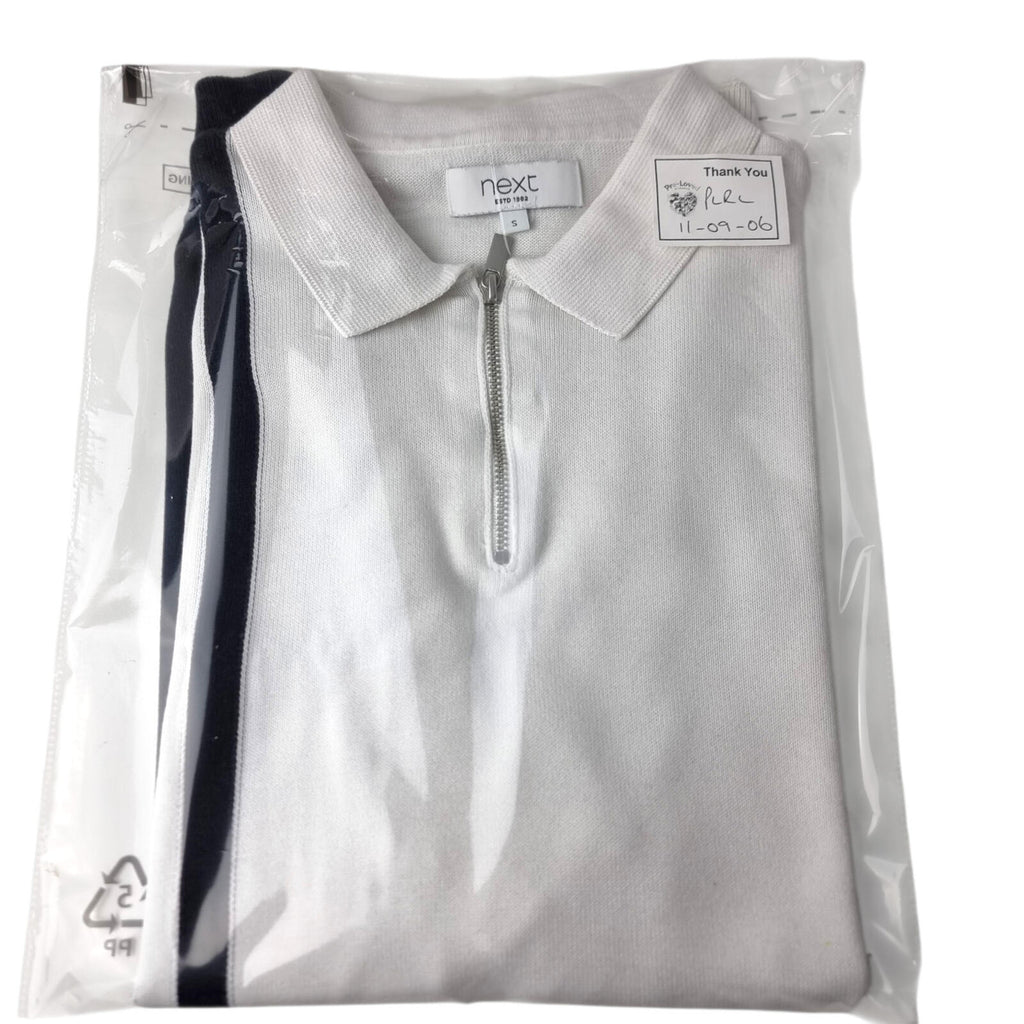 Next Knit Polo Shirt Men's UK Size S White Blue 1/4 Zip Short Sleeve 100% Cotton