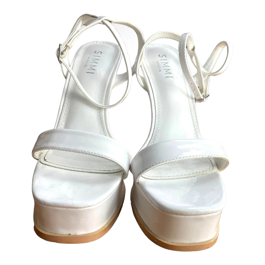Simmi Platform Block Heel Sandals Women’s UK Size 6 Wide Fit White Patent Shoes