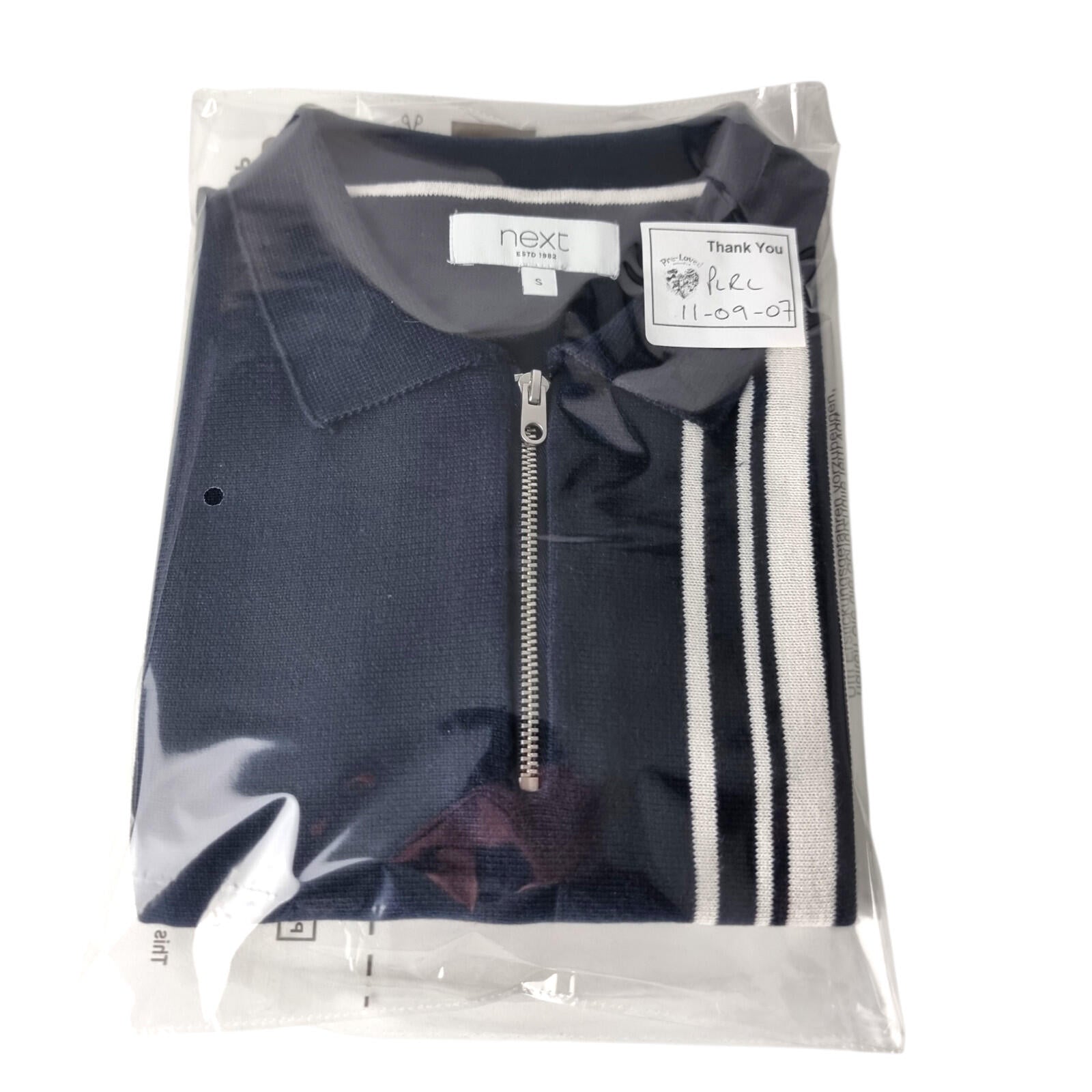 Next Knit Polo Shirt Men's UK Size S Navy Blue Stripe Short Sleeve 1/4 Zip