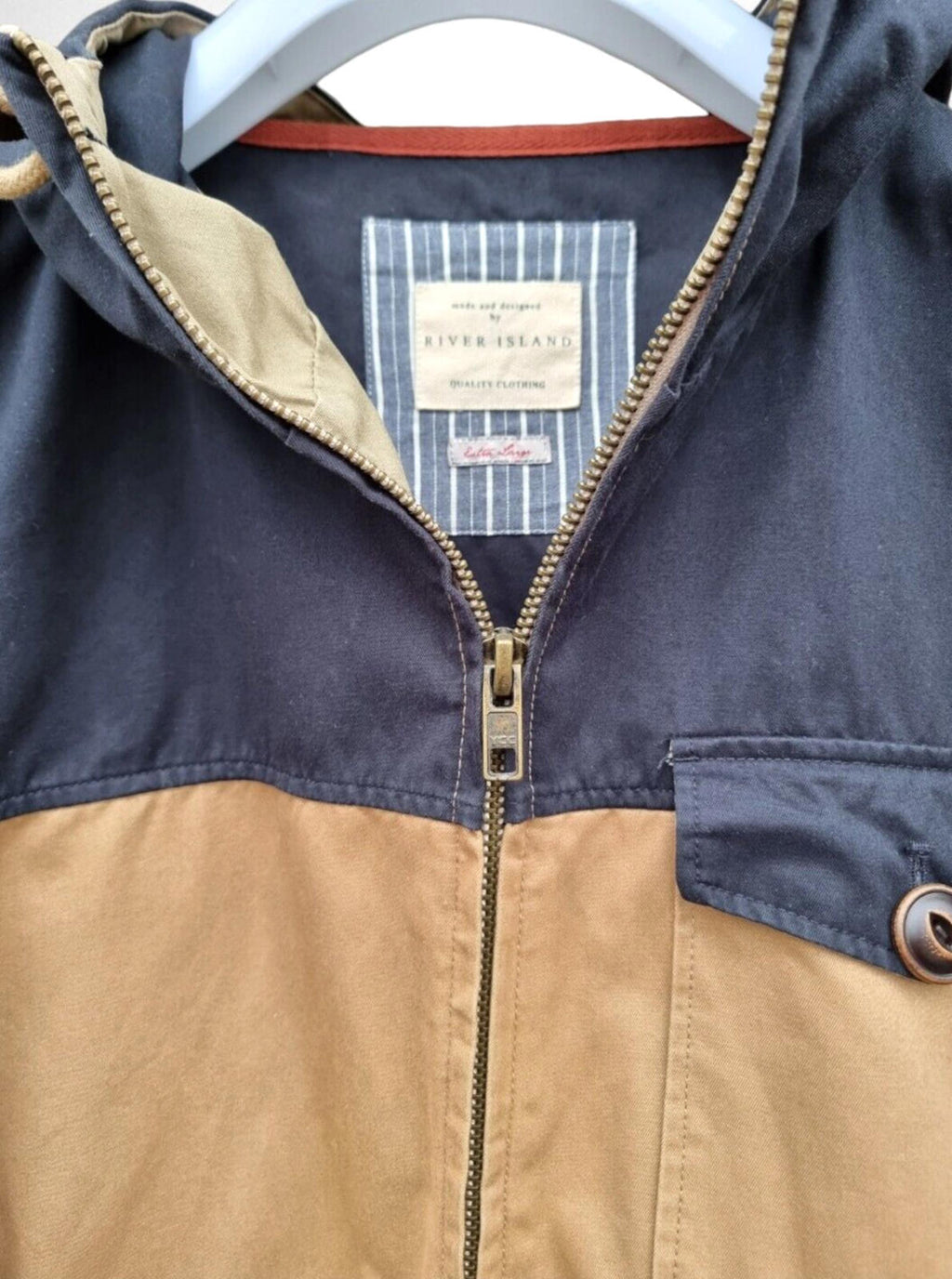 River Island Hooded Jacket Beige Blue 100% Cotton Men's UK Size XL