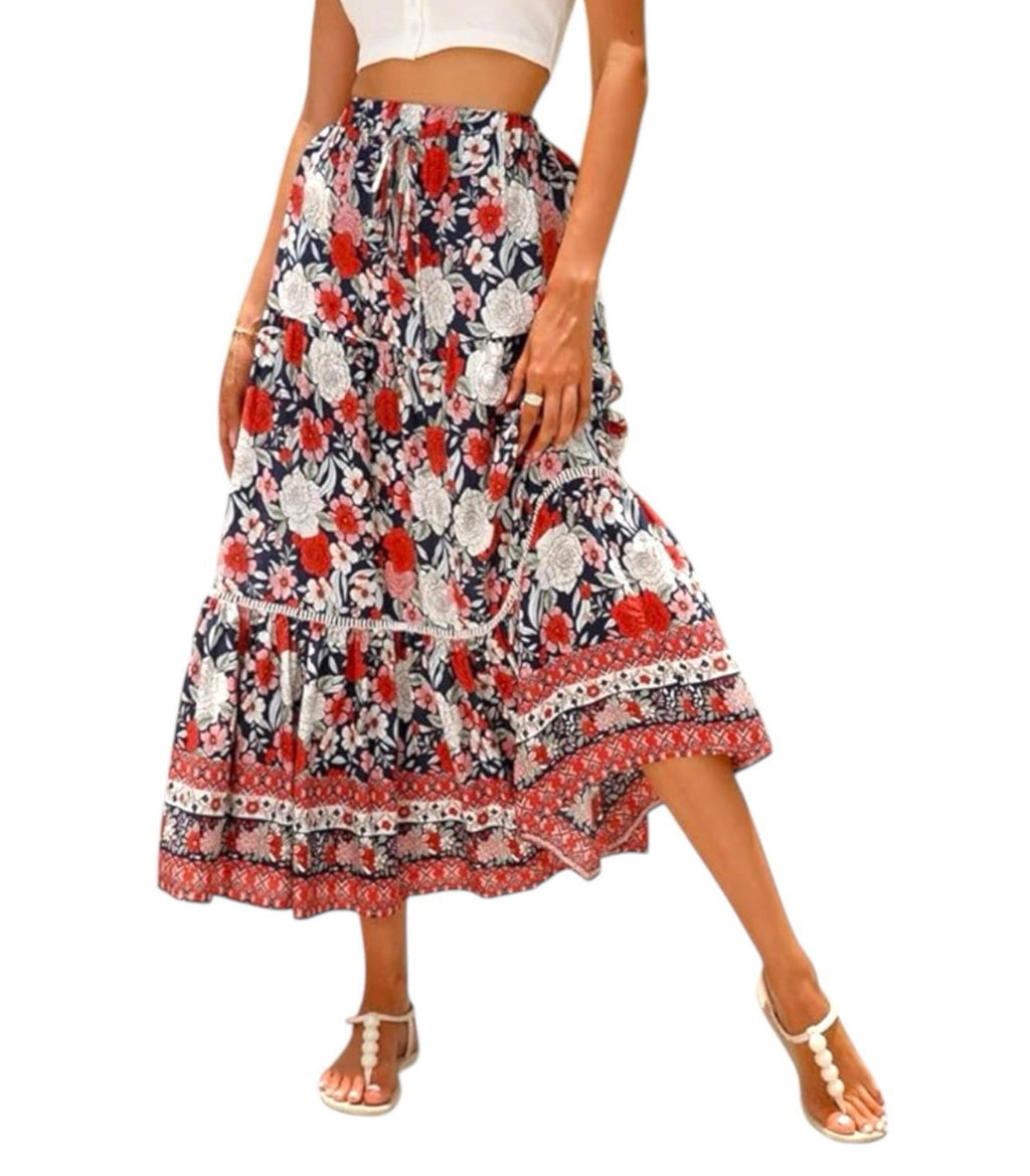 Bohemian Floral Swing Skirt Midi High Waist Women’s UK Size L (12)