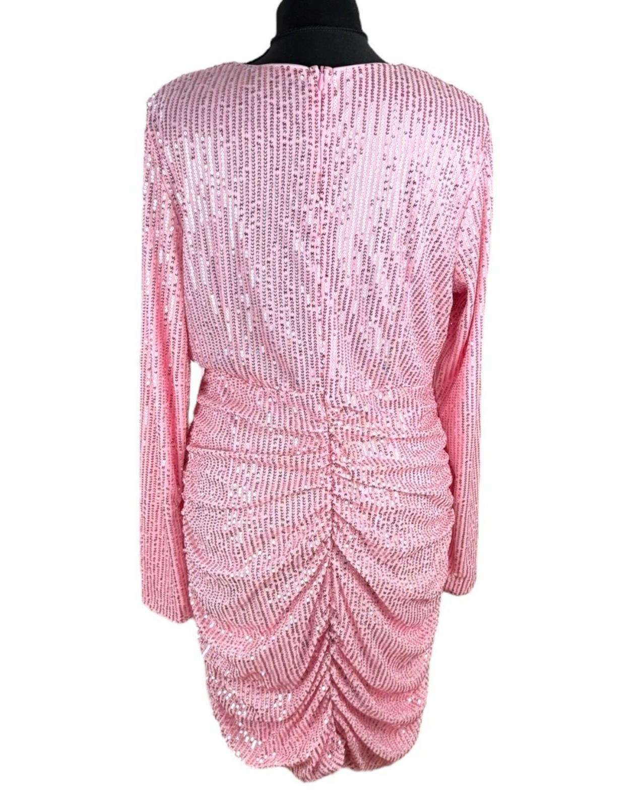 Pink Sequin Party Dress Deep V Ruffle Side Slimming Midi Women’s UK Size XL